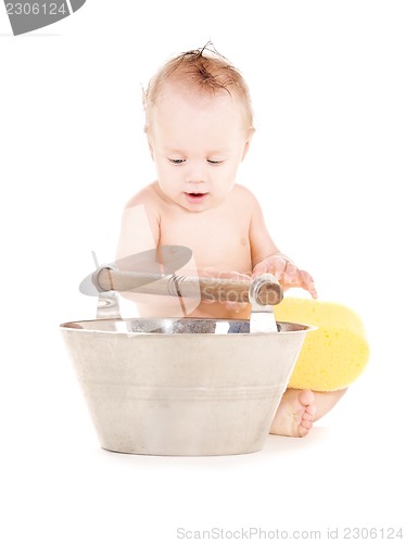 Image of baby boy with wash-tub