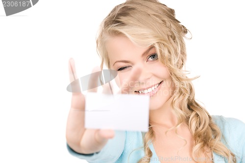 Image of happy girl with business card