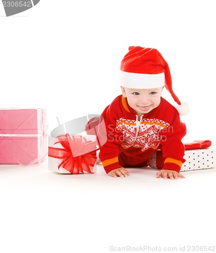 Image of santa helper baby with christmas gifts