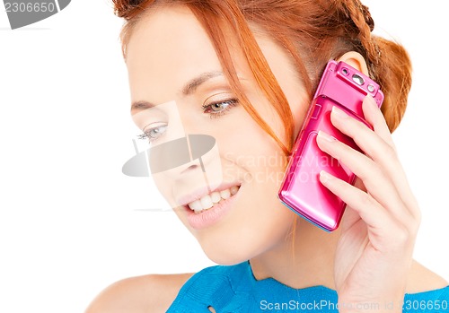 Image of happy woman with pink phone