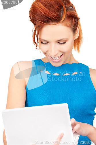 Image of happy woman with laptop computer