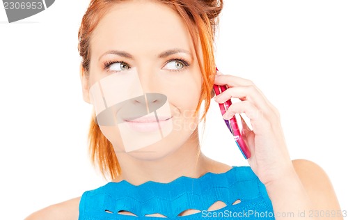 Image of happy woman with pink phone