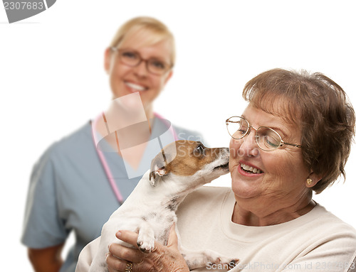 Image of Happy Senior Woman with Dog and Veterinarian