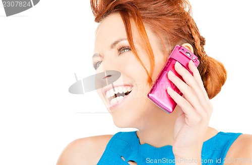 Image of happy woman with pink phone