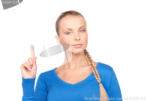 Image of woman with her finger up 
