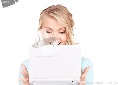 Image of happy woman with laptop computer