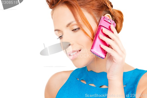 Image of happy woman with pink phone