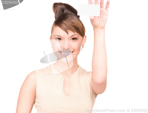 Image of happy woman with business card