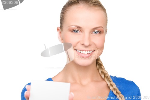 Image of happy woman with business card