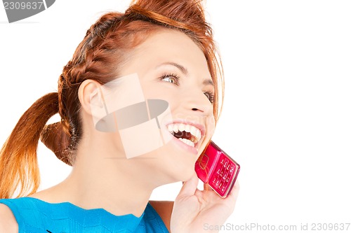 Image of happy woman with pink phone