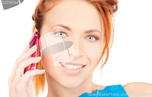 Image of happy woman with pink phone