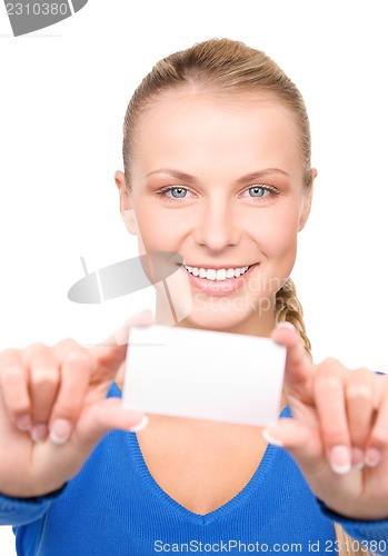 Image of happy woman with business card