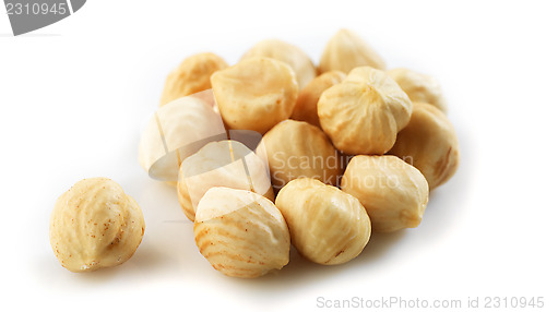 Image of Closeup view of hazelnuts over white background