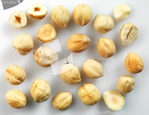 Image of Closeup view of hazelnuts over white background