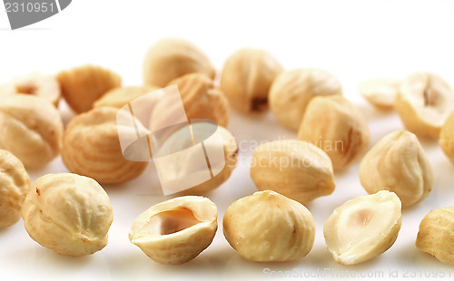 Image of Closeup view of hazelnuts over white background