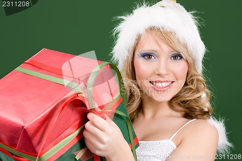 Image of happy santa helper with gift box