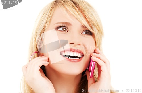 Image of happy girl with pink phone