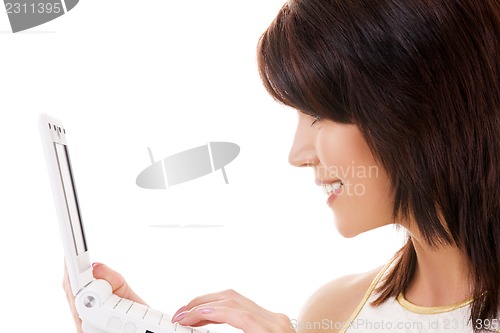 Image of happy woman with laptop computer