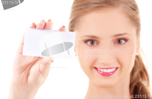 Image of happy girl with business card