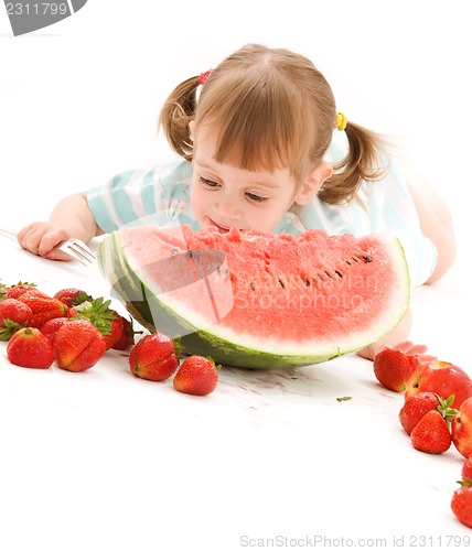 Image of little girl with strawberry and watermelon