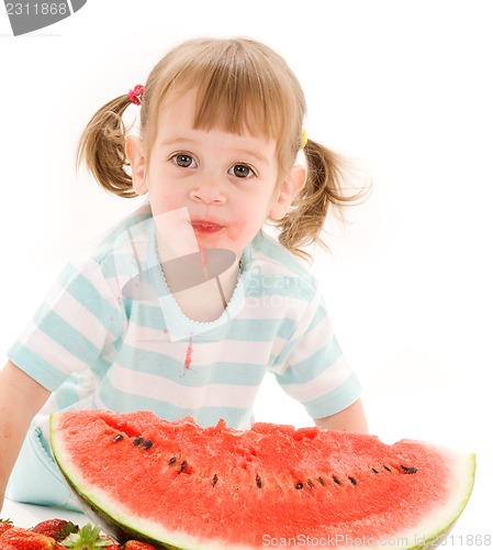 Image of little girl with strawberry and watermelon