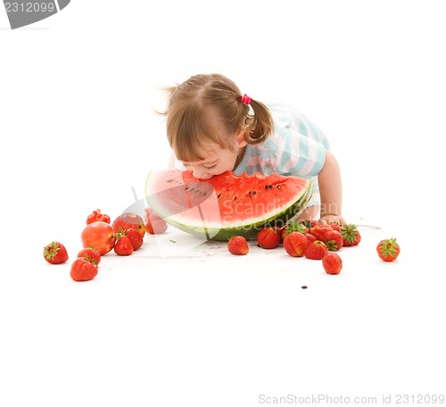 Image of little girl with strawberry and watermelon