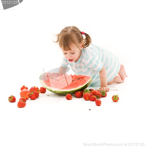 Image of little girl with strawberry and watermelon