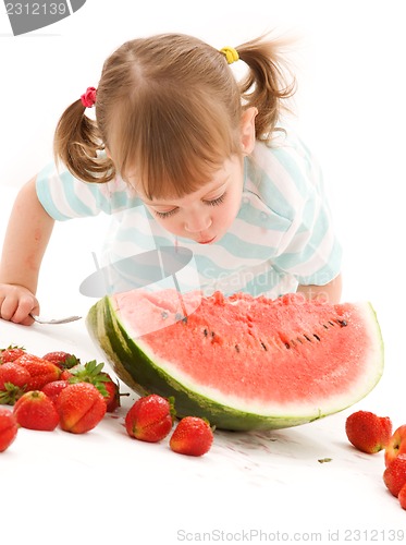 Image of little girl with strawberry and watermelon