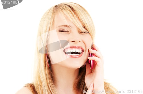 Image of happy girl with pink phone