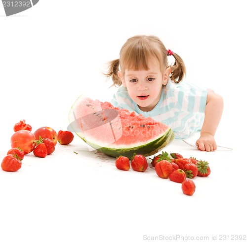 Image of little girl with strawberry and watermelon