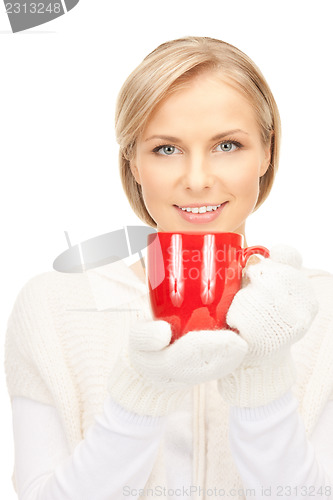 Image of beautiful woman with red mug