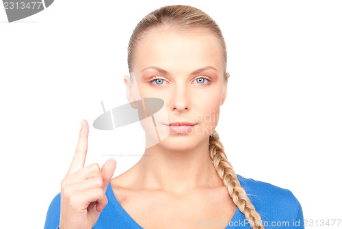 Image of woman with her finger up 