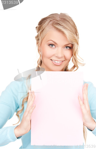 Image of happy woman with blank board