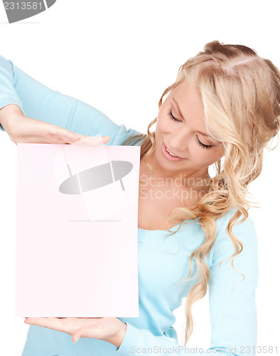 Image of happy woman with blank board