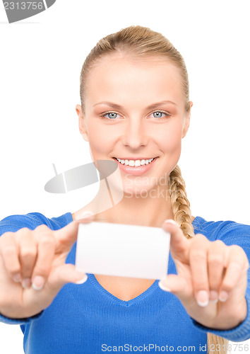 Image of happy woman with business card