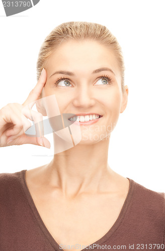 Image of pensive businesswoman over white