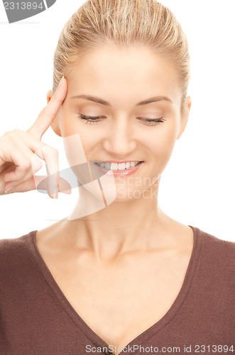 Image of pensive businesswoman over white