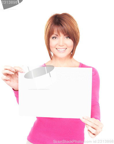 Image of happy woman with blank board 