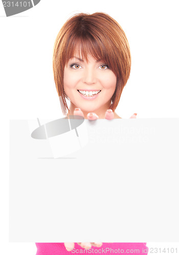 Image of happy woman with blank board 
