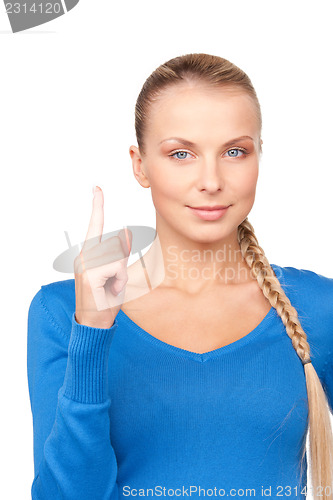 Image of woman with her finger up 