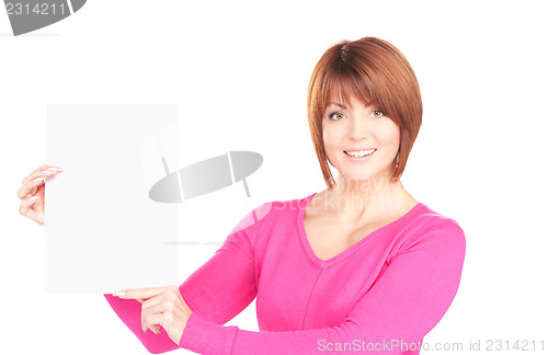 Image of happy woman with blank board 