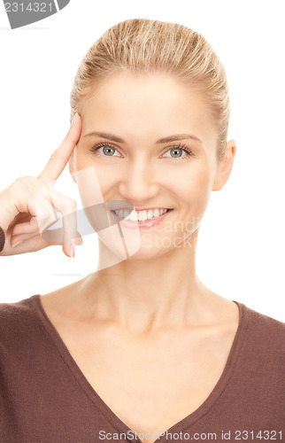 Image of pensive businesswoman over white
