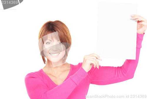 Image of happy woman with blank board 