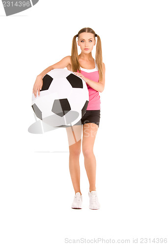 Image of lovely woman with big soccer ball