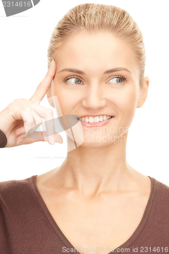 Image of pensive businesswoman over white