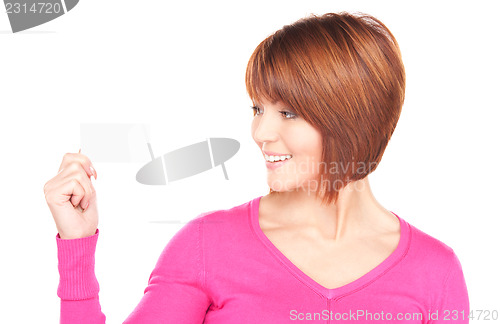 Image of happy woman with business card