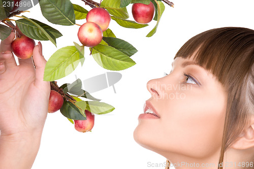 Image of lovely woman with apple twig