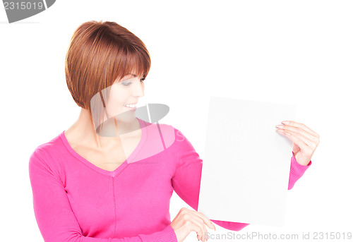 Image of happy woman with blank board 