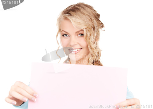 Image of happy woman with blank board
