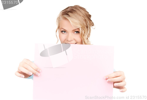 Image of happy woman with blank board